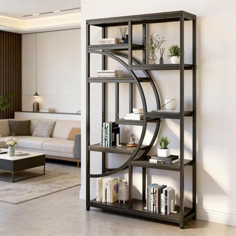Librería Moderna, 9 Nichos Abiertos, Estructura de Metal y Madera, para Salón, Dormitorio y Oficina, 106×65×15.5 cm (1/4)