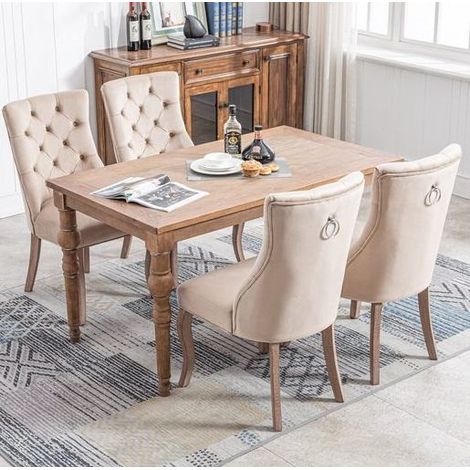 Lote de 4 sillas de comedor de terciopelo, respaldo alto, patas de madera, beige (1/5)