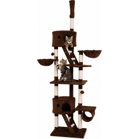 lionto Kratzbaum mit Deckenspanner, 230-250 cm großer Aktivitätsturm mit 2 Höhlen, 2 Liegemulden, Treppen & Spielbällen, braun (1/5)