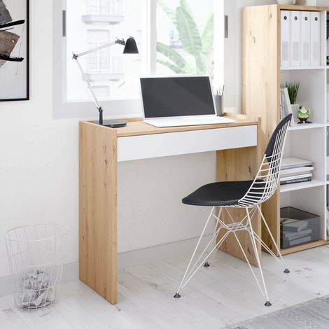 Dmora - Escritorio Ddepaol, Escritorio lineal con cajón, Mesa de estudio u oficina para PC, 82x40h77 cm, Roble anudado y Blanco (1/5)