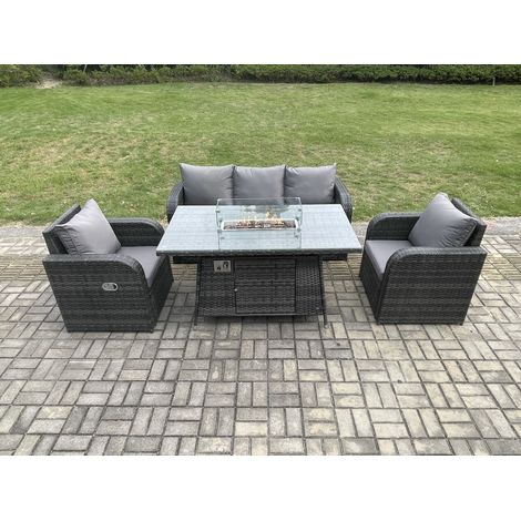 Fimous Polyrattan Gartenmöbel Set Garten Sofa im Freien Gasfeuerstelle Esstisch Set mit 3-Sitzer Sofa Dunkelgrau Gemischt (1/5)