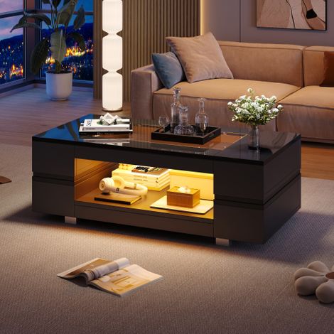 Table basse LED noire  Contrôle intelligent via application Bluetooth  Structure à double niveau  Finition haute brillance  Design à cadre ouvert  Idéale pour les soirées, les bureaux et les espaces d (1/5)