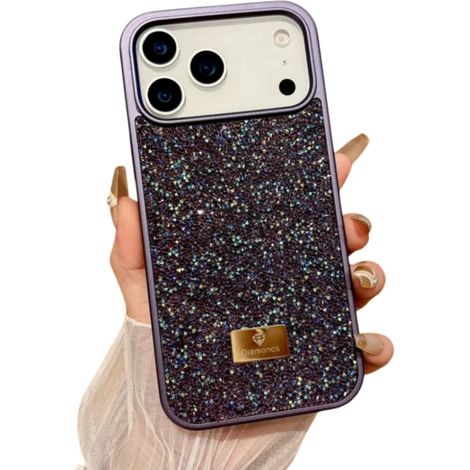 (Violet, iPhone 18 Pro Max) Coque de téléphone luxueuse à couverture intégrale, ornée de zircons et de diamants, aux reflets irisés. (1/3)