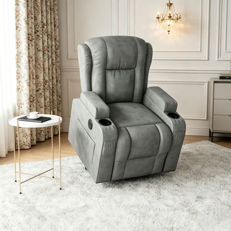 Fauteuil relax électrique avec massage gris – avec Chauffage, USB, Porte-Gobelets et Anti-Basculement, poches latérales