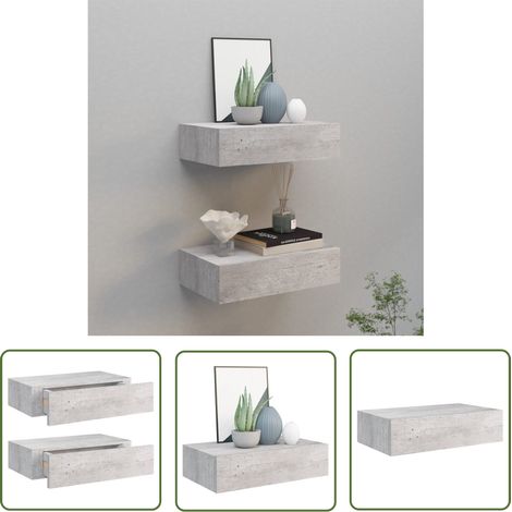 The Living Store Wandregale mit Schubladen 2 Stk. Betongrau 40x23,5x10 cm MDF - Wandregal - Regal Mit Schublade - Betongrau - Möbel Für Wohnzimmer - Dekorationsschrank (1/5)