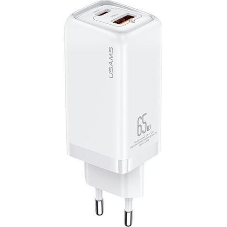 Cargador de pared USB-C/USB-A USAMS Power Delivery de 65 W, color blanco