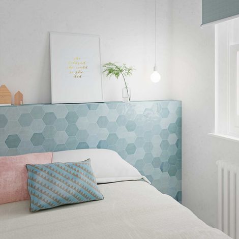 Carrelage mural faïence Zellige Hexa, hexagone 12,4x10,8cm (10 couleurs) - Hexagone 12,4x10,8 cm Bleu clair - Brillant / Poli - boîte de 0.38 m2 - Gi