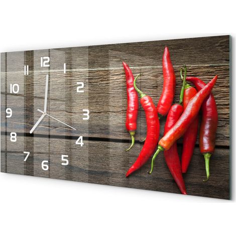 Horloge Murale Panoramique Artistique 60x30 cm Verre Trempé Design Original Piments (1/5)