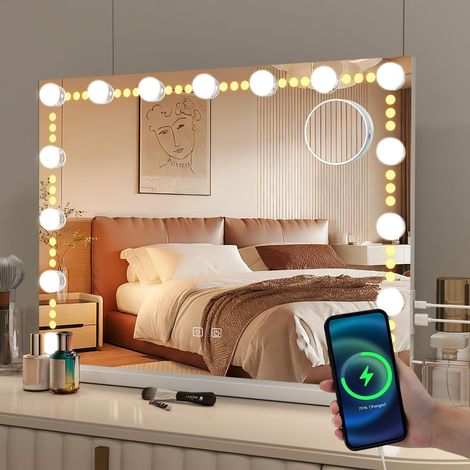 Miroir Maquillage Hollywood,15 Ampoules LED et 1 Lumières,Miroir Coiffeuse Lumineux Contrôle Tactile,Port USB, Type-C et Loupe 10x,3 Modes Luminosité Réglable,sur Table/sur Mur,58×43cm,Blanc (1/5)