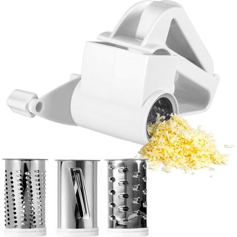 Râpe à fromage manuelle à manivelle, coupe-parmesan avec 3 tambours interchangeables, amovibles et lavables au lave-vaisselle en acier inoxydable pour un râpage sans effort