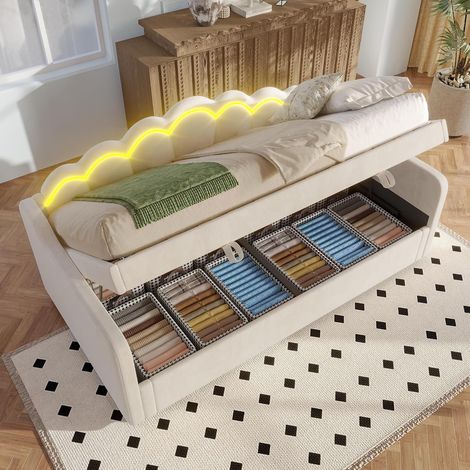 Lit Coffre 90x200 cm - avec Coffre de Rangement hydraulique et Bande LED Multicolore - sans Matelas - revêtement en Velours - Rose (1/5)