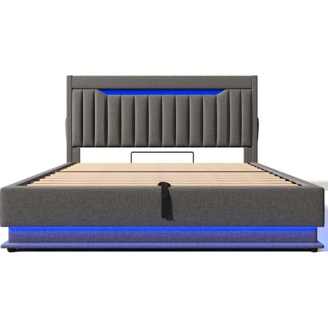 Gepolstertes Doppelbett 160x200 cm grau in Leinenoptik mit Stauraum, LED, USB und USB-C (1/5)