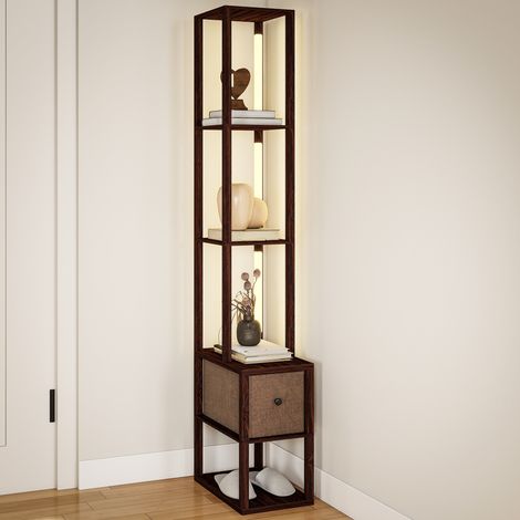 Floor Lamp with Shelves, LED Column Modern Standing Lamp with Fabric Drawer, Adjustable Brightness, Foot Switch for Living Room, Bedroom, Office, Dark Brown (1/5)