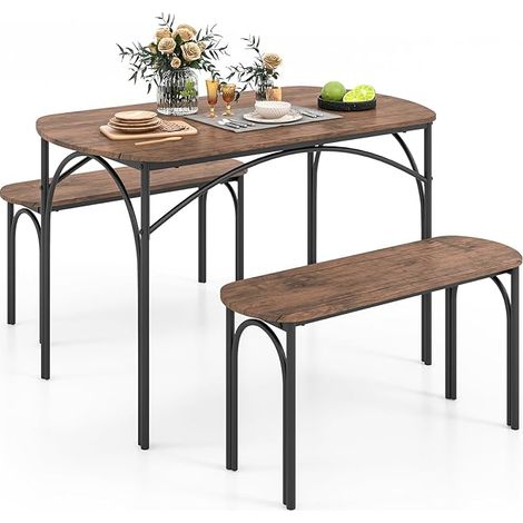 COSTWAY Tavolo da Pranzo con 2 Panche, Set di Tavolo e Panca in Legno e Metallo per 4 Persone, Set Mobile Salvaspazio e Moderno da Cucina, Sala da Pranzo e Soggiorno, Marrone (1/5)