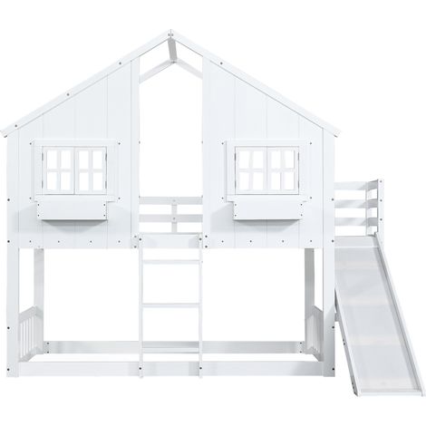 Letto a castello con scivolo, tetto e finestre, scala 3 gradini, 90x200 cm, bianco, MODENUIT (1/5)