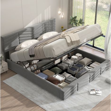 Lit coffre 180x200 velours gris avec tête réglable HAVRYA (1/5)
