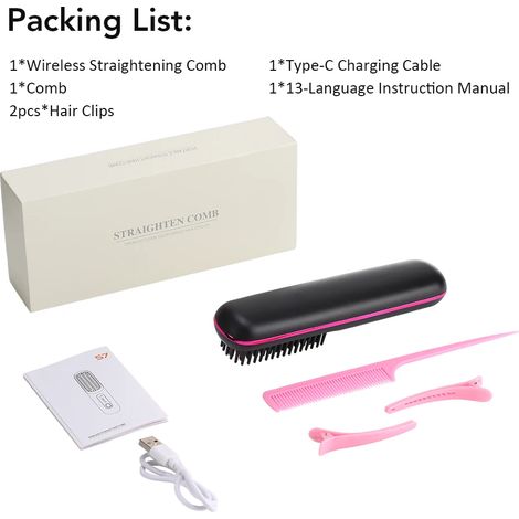 Lisseur sans fil (noir) avec 3 réglages de température, peigne chauffant anti-brûlure en céramique à ions négatifs (1/5)