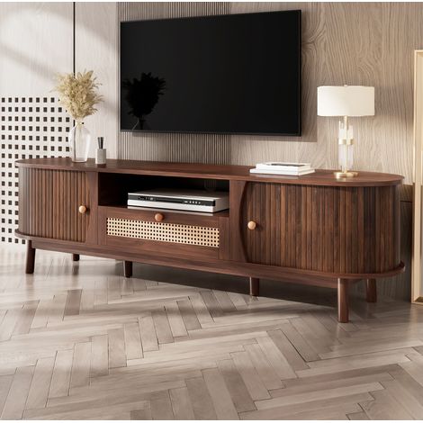 MODFU – Mueble TV 165x37x46 cm de MDF y madera maciza con puertas correderas, cajones de ratán, carga 50 kg y esquinas redondeadas – Nogal (1/5)
