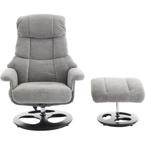 Fauteuil relax avec massage 5 points, chauffage, dossier inclinable à 140°, repose-pieds et base ronde en bois massif, tissu chenille gris (1/5)