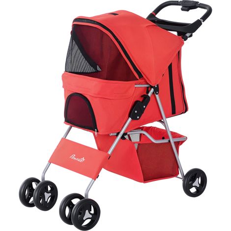 Cochecito plegable para perros pequeños, con frenos, portavasos, cesta de almacenamiento, 3 ventanas y ruedas delanteras giratorias de 360°, para mascotas de hasta 10 kg, color rojo. (1/5)