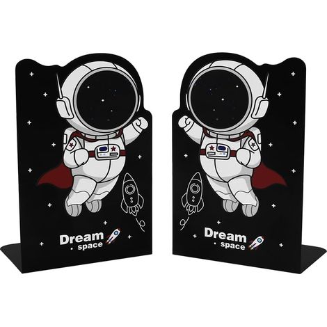 Paar schwarze Astronauten-Buchstützen aus Metall, Cartoon-Design, dickes Eisen, für Kinder, Regale, Schule