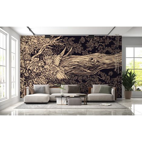 Papier peint nature - croquis de forêt et feuillage dense sombre - 150 x 250 cm (1/2)