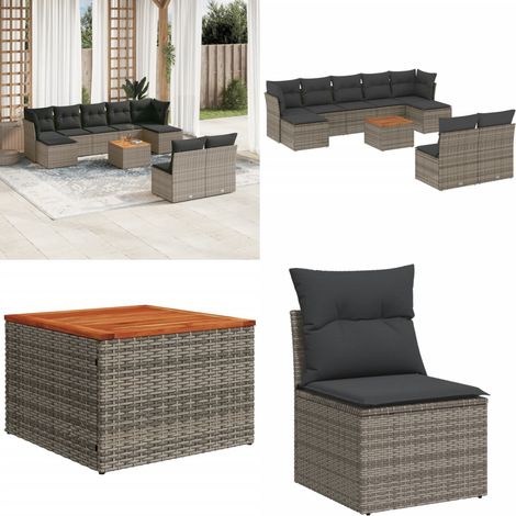 Salon de jardin avec coussins 10 pcs gris résine tressée - Ensemble Salon De Jardin - Mobilier De Jardin - Salon Extérieur - Résine Tressée - Poufs - Home & Living