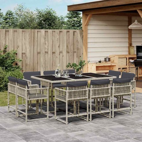 Ensemble repas de jardin 11 pièces en poly rotin gris clair avec coussins anthracite, 87.9kg - PANGIVO (1/5)