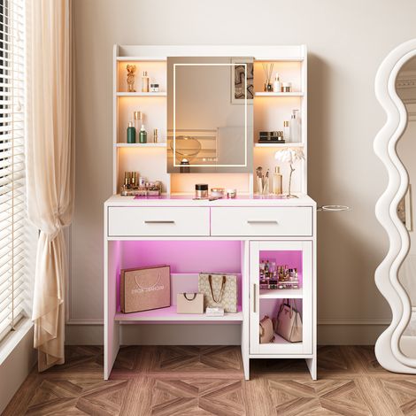 Coiffeuse avec Miroir LED 3 Températures, avec 2 tiroirs, 1 armoire et 7 compartiments – Table avec plateau en verre trempé et support pour sèche-cheveux, design moderne pour chambre, (Blanc, 89x40x14