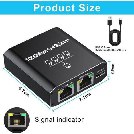 Switch Ethernet RJ45 - 1 Vers 4 - 1000 Mbps - Pour Ordinateur Routeur Téléviseur Décodeur - Boîtier Aluminium - Sans Alimentation (1/5)