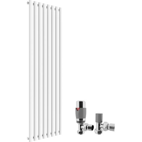 ELEGANT 1600 x 480mm Vertical Column Radiator White Oval Single Panel Designer Radiator Heater + Chrome Thermostatic Radiator Valves (1/5)