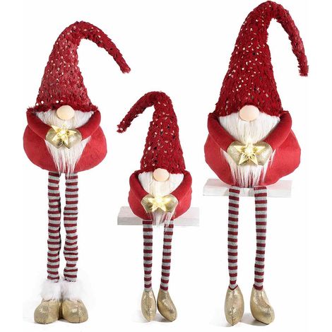 Père Noël gnome de vitrine à longues jambes en tissu avec étoile LED, lot de 3, debout : 19x18x H. 62 cm