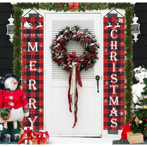 Banner Navidad - Tela Oxford 600D - Diseño Cuadros Rojos - Para Puerta Exterior Interior - 71 7 X 12 8 Pulgadas - 1 Unidad (1/5)