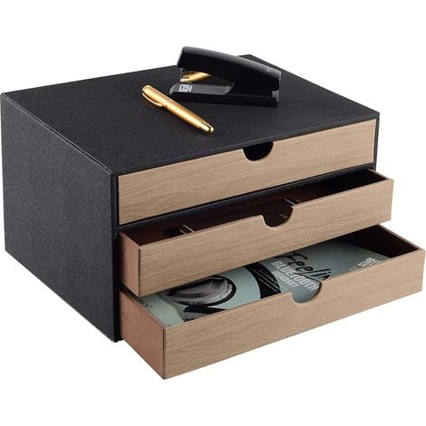 Boîte à tiroirs de bureau avec 3 compartiments A4 fermés, en cuir PU, organisateur de bijoux, organisateur de cosmétiques, ouverture en forme de U, coutures cousues à la main (noir) (1/5)