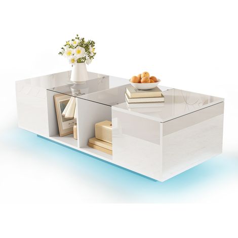 Table basse blanche moderne avec éclairage LED, plateau laqué brillant, 120 x 50 x 38,5 cm