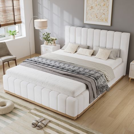 4ft6 Double bed 135x190cm, Sturdy bed slats, Comfortable soft headboard, PU + MDF+Plywood, Beige