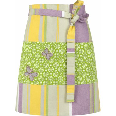 Tablier de cuisine ou jardin court en coton rayé et imprimé – Broderies papillons - 60x75cm - Vert