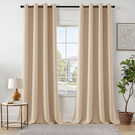 Lot de 2 Rideaux Occultants Beige à Oeillets 140x245 CM Thermiques Anti Chaleur Salon Chambre