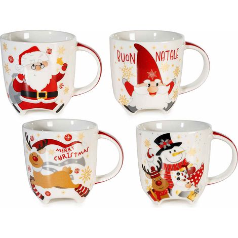 Tazze natalizie in porcellana con piedini e decori dorati, set da 4 pezzi, Ø 8,5 cm x 9 H
