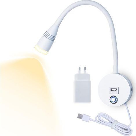 Lampe de Lecture Murale LED Applique Liseuse Col de Cygne Flexible 3W Dimmable Interrupteur Tactile Lampe avec Port de Chargement USB et Câble Chevet Murale Lumières(Blanc (1/5)