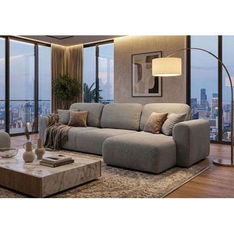 Ecksofa mit Schlaffunktion BRUSK Sofa in Stoff Pop Hellgrau Ottomane Rechts (1/5)