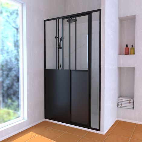 Pack Mampara Corredera Negra + Plato de Ducha Blanco 120x80x200 cm y Columna de Ducha Termostática