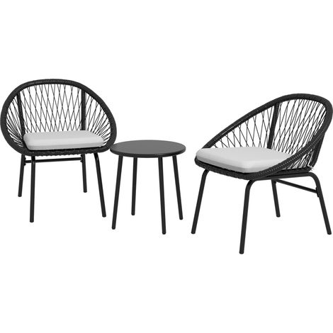 Set Tavolino e 2 Poltrone da Giardino in Acciaio e Rattan PE Nero