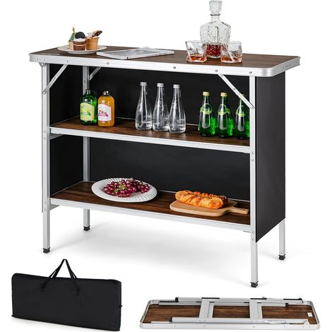 COSTWAY Tavolo da Campeggio Portatile, Tavolo Pieghevole in Alluminio con Ripiani Aperti a 2 Livelli, Tessuto Oxford e Borsa, Tavolo da Interno e da Esterno per Picnic e Campeggio e Barbecue (Marrone)