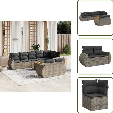 The Living Store 9-tlg. Garten-Sofagarnitur mit Kissen Grau Poly Rattan - Gartensorte - Gartenmöbelset - Esstischgarnitur - Outdoor Möbel - Lounge Set (1/5)