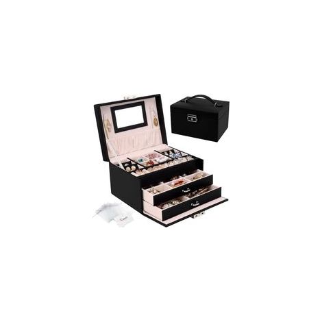 Boîte à Bijoux, Coffret à Bijoux avec Miroir et 2 Tiroirs, Rangement Bijoux Coffret Bijoux Verrouillable de Voyage à 3 Couches, Organisateur de Bijoux pour Colliers, Bagues, Noir