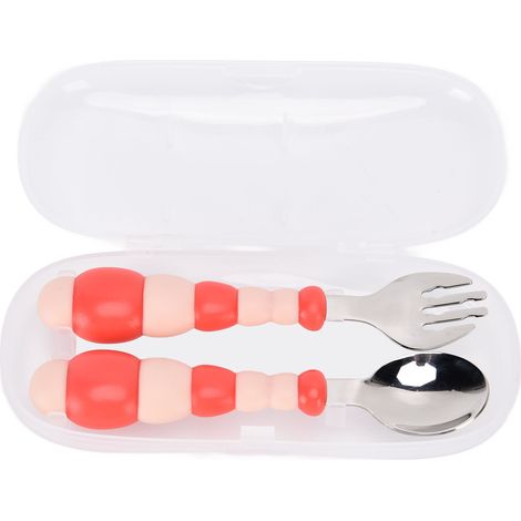Lot de cuillères et fourchettes en acier inoxydable pour bébé auto-alimentation, couverts d'apprentissage pour tout-petit, sevrage rouge (1/5)
