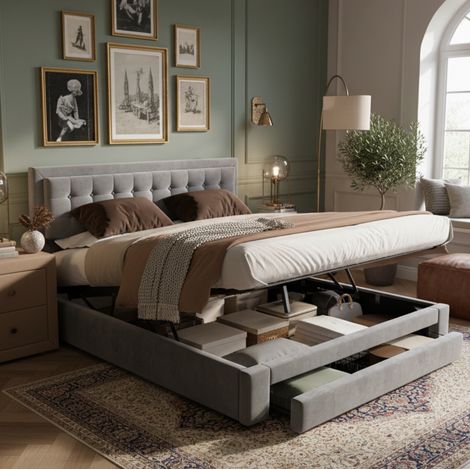 DESVIAE Lit coffre rembourré avec tiroirs et sommier à lattes tête de lit réglable en hauteur velours gris 160 x 200 cm grand espace de rangement style européen (1/4)
