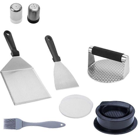Presse à viande en acier inoxydable avec pelles, idéal pour galettes et délices barbecue. (1/4)