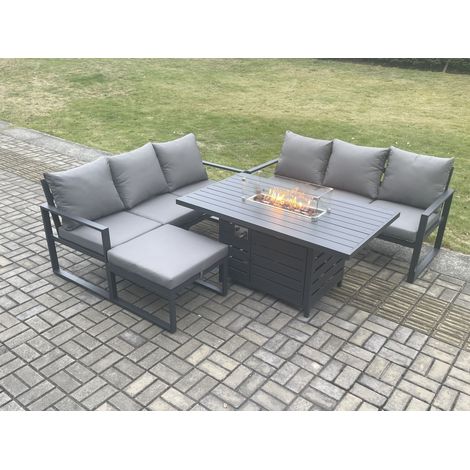 Fimous Aluminium 7 Seater Outdoor Garden Furniture Lounge Sofa Set Gas Fire Pit Dining Table with Big Footstool Dark Grey (1/5)